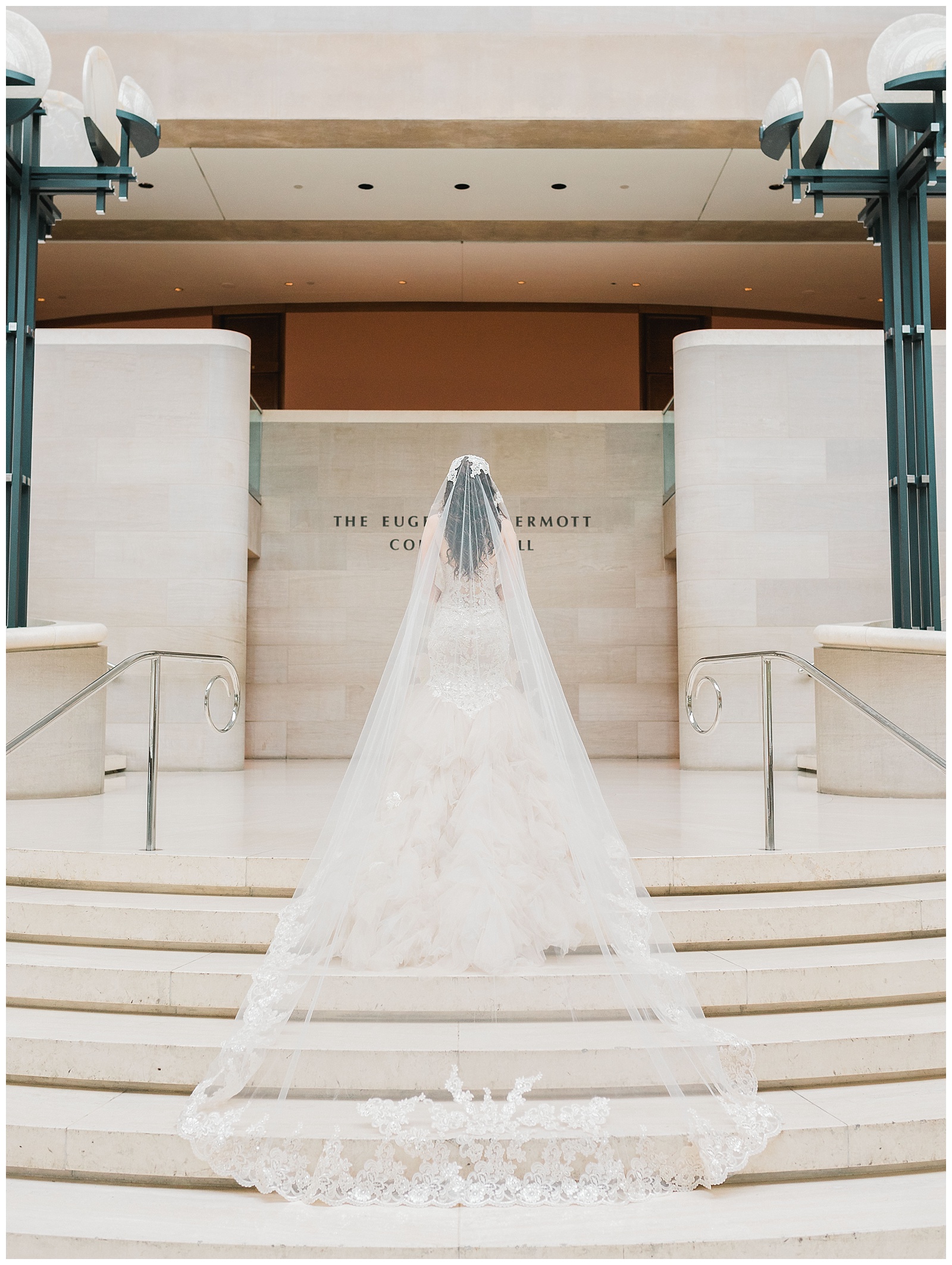 bride wearing long veil at Meyerson symphony center