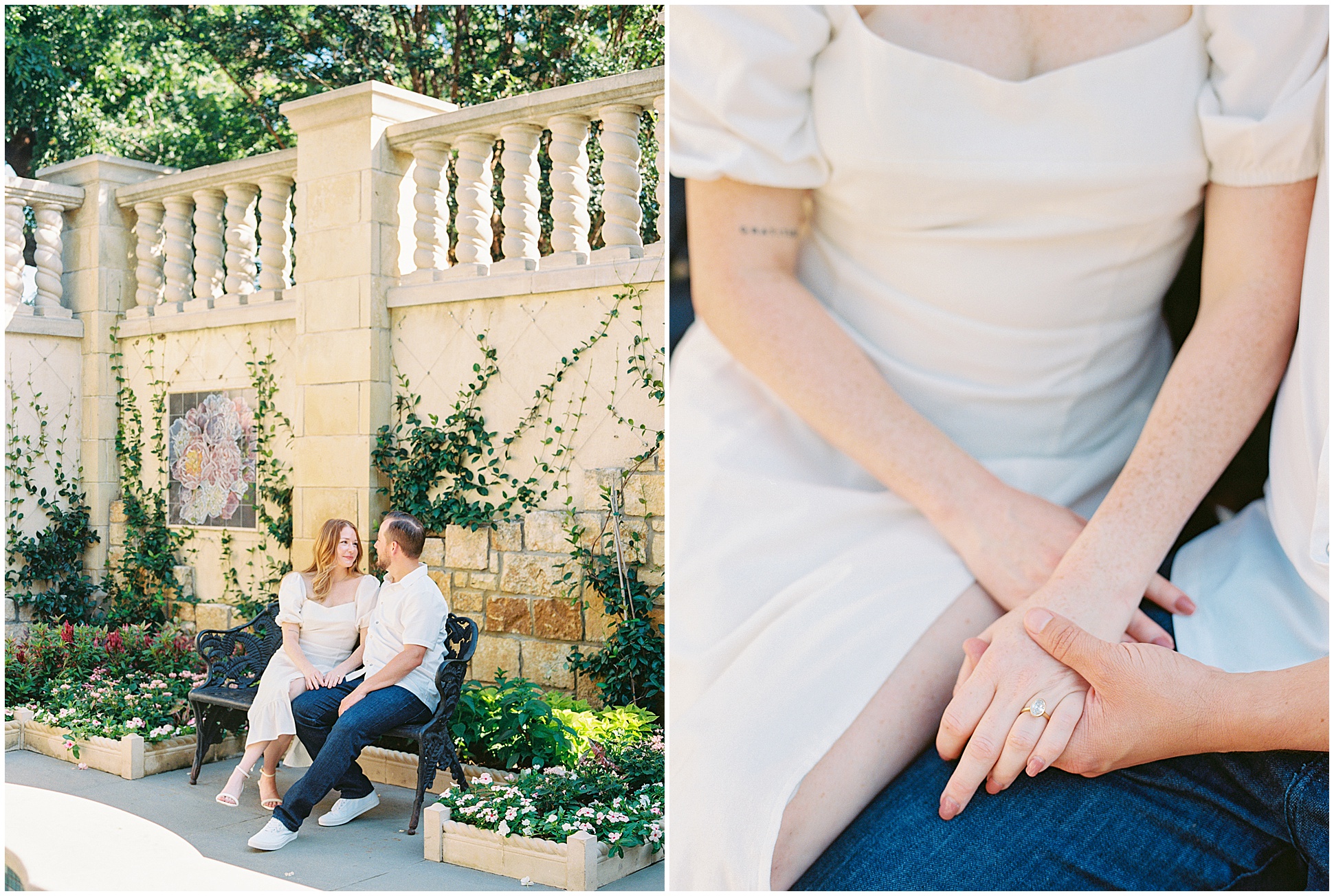 Corey and Caitlyn smiling at each other in the Poetry Garden at Dallas Arboretum during their engagement session