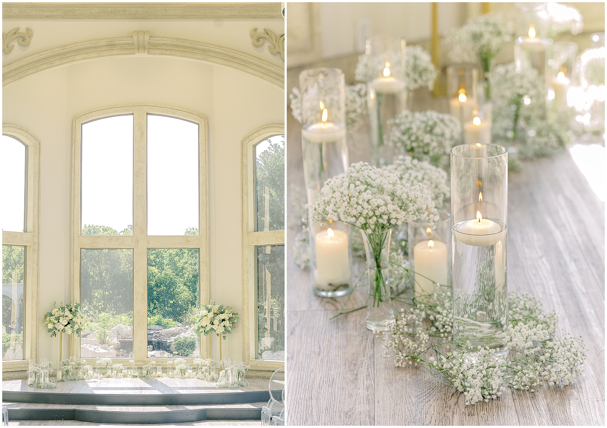 A beautifully decorated ceremony space with floral arrangements and elegant chairs at Knotting Hill in Little Elm.