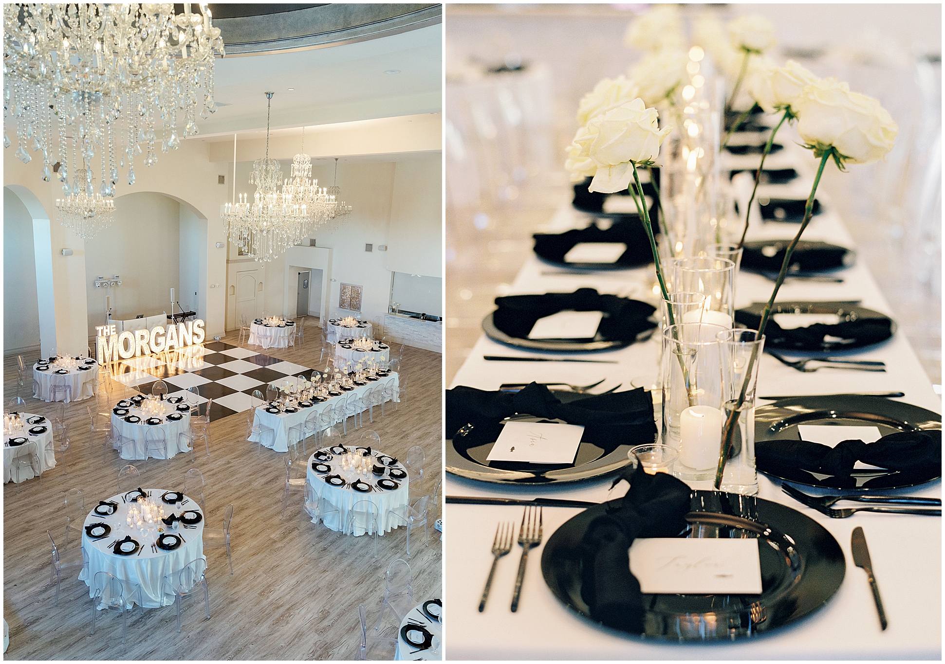 A stylish reception setup with a black-and-white color palette, black matte  accents, and modern elegant candle lights 