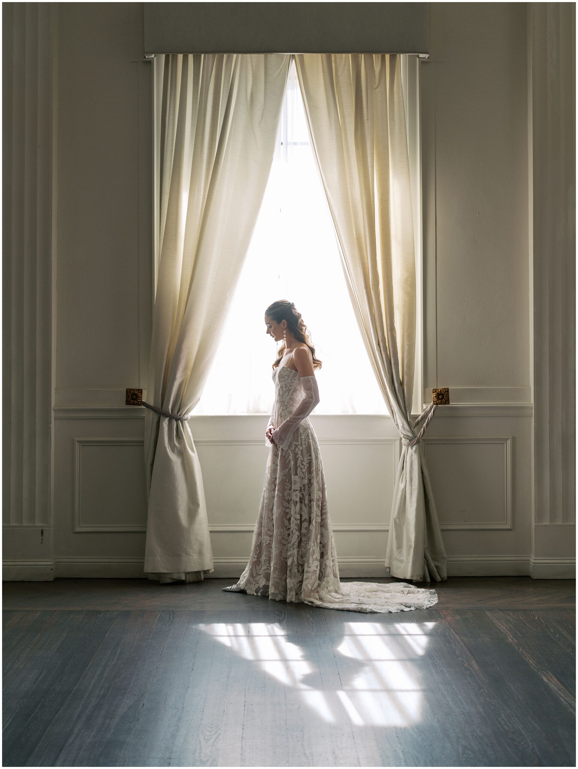 film wedding photography portrait with bride in natural window light
