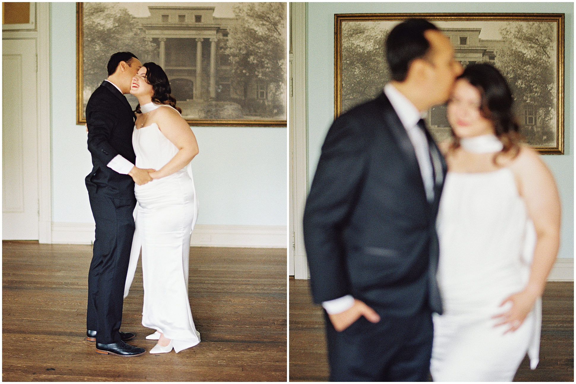 Couple in the Alexander Mansion parlor in front of a vintage photo of the house