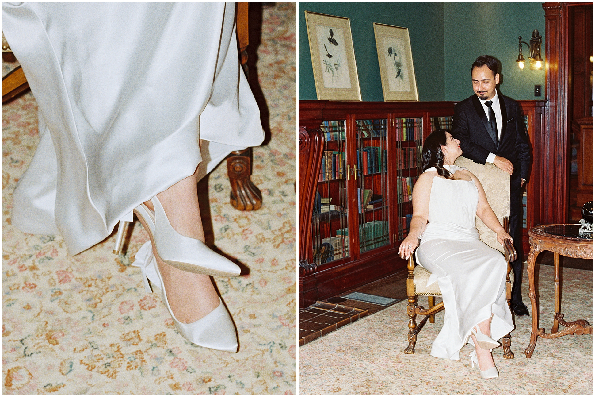 couple standing in front of bookshelf and women shoes at alexander mansion