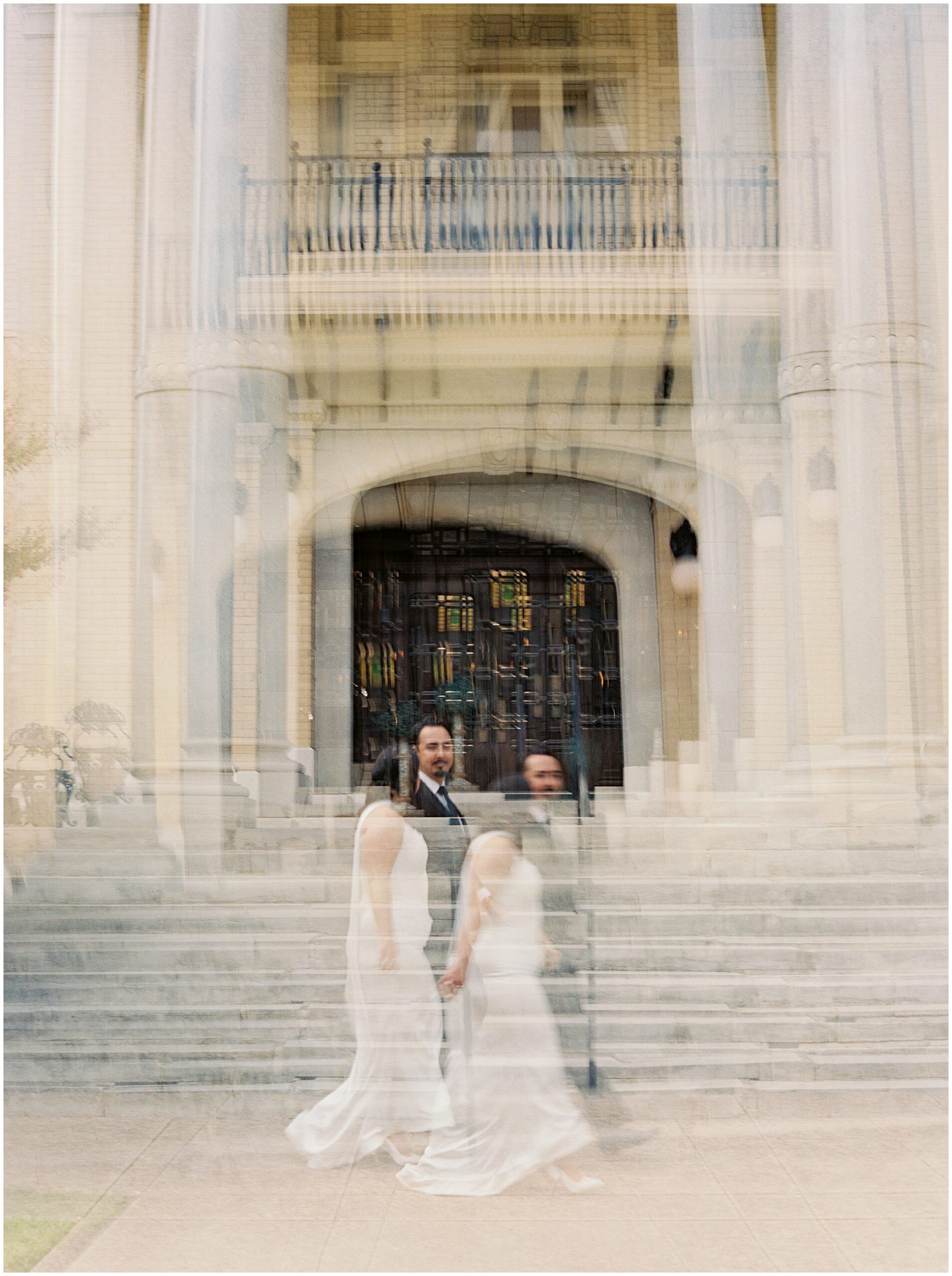 Double exposure of couple on the front steps of the Alexander Mansion, Dallas