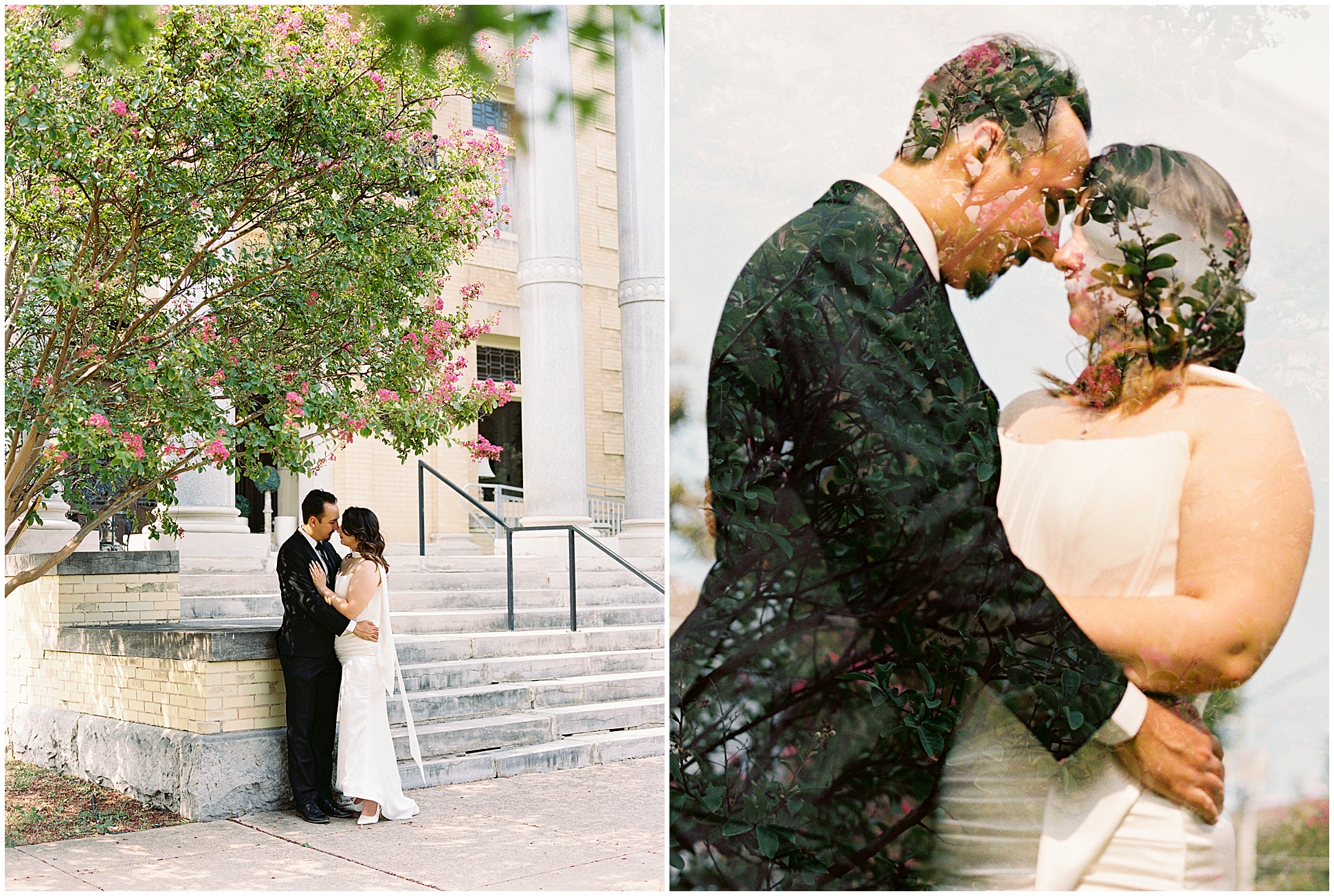 Double exposure of couple on the front steps of the Alexander Mansion, Dallas