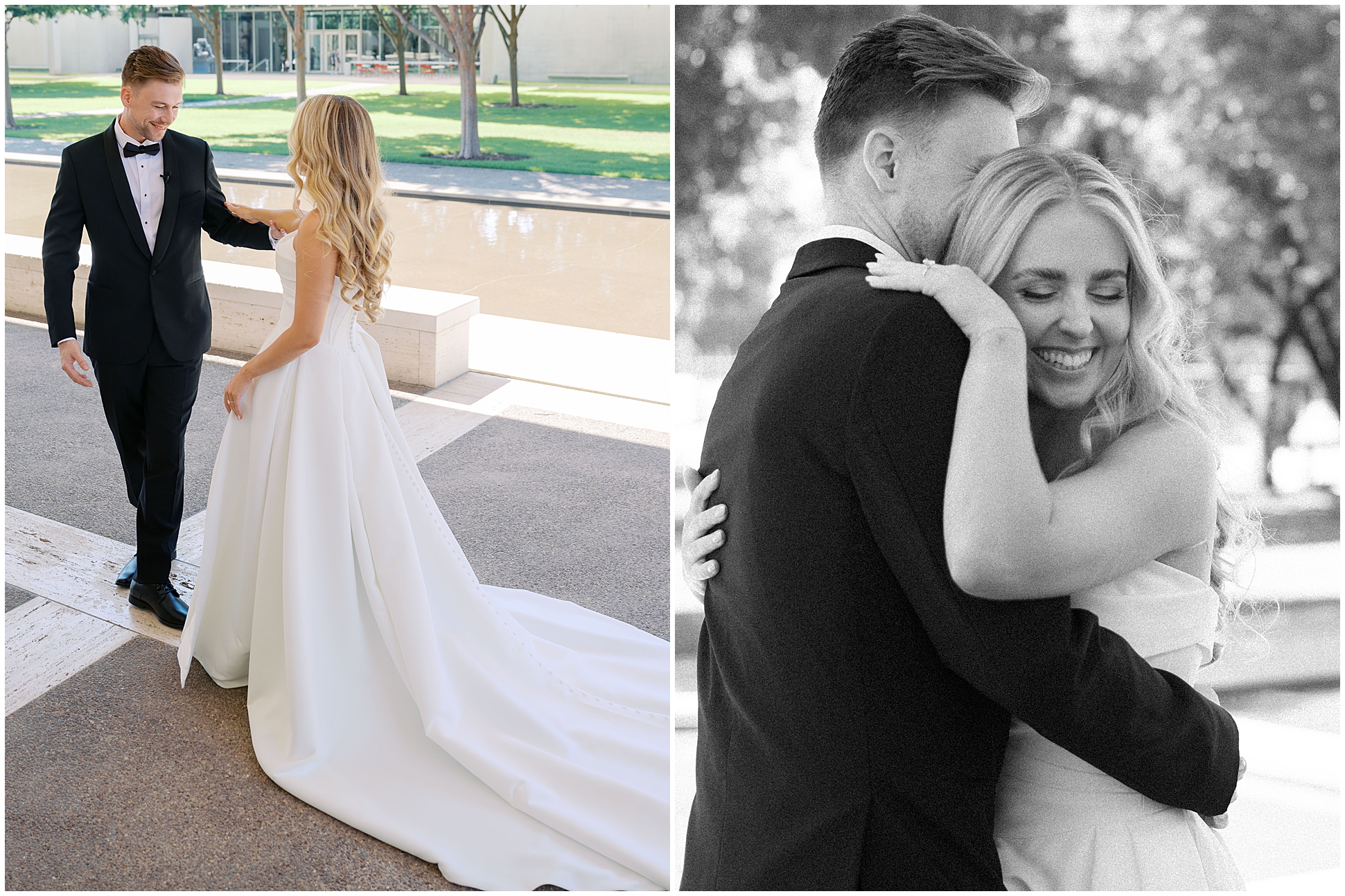 Groom turning around for a first look with his bride beside the reflecting pool at the Kimbell Art Museum