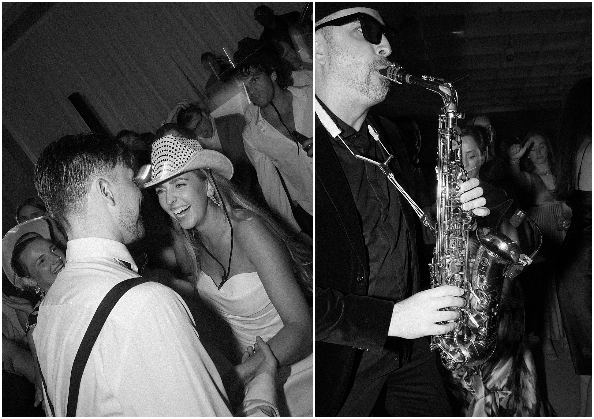 bride and groom and saxophone player on dance floor at hotel crescent fort worth