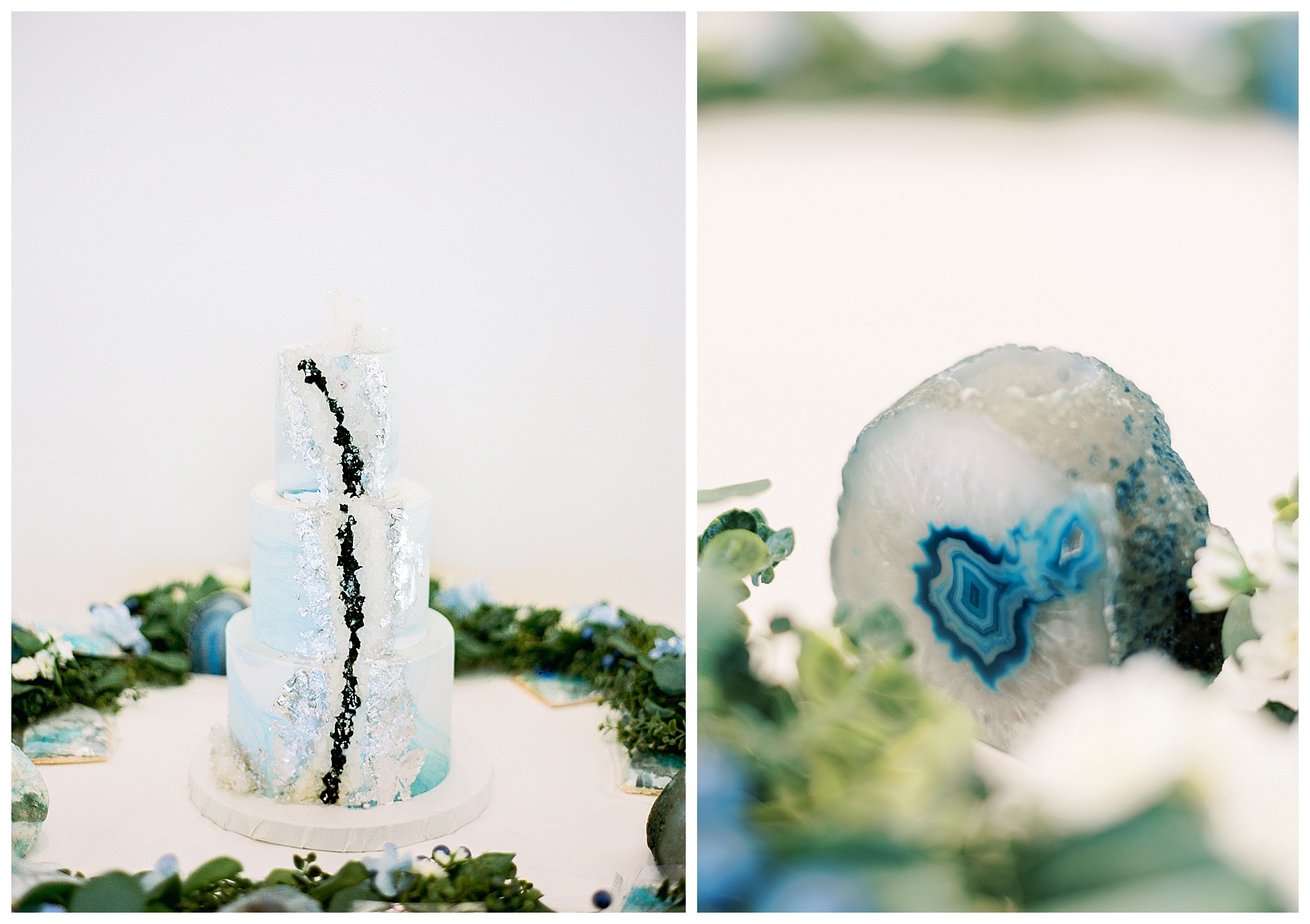 Geode blue wedding cake, dvine grace vineyard wedding