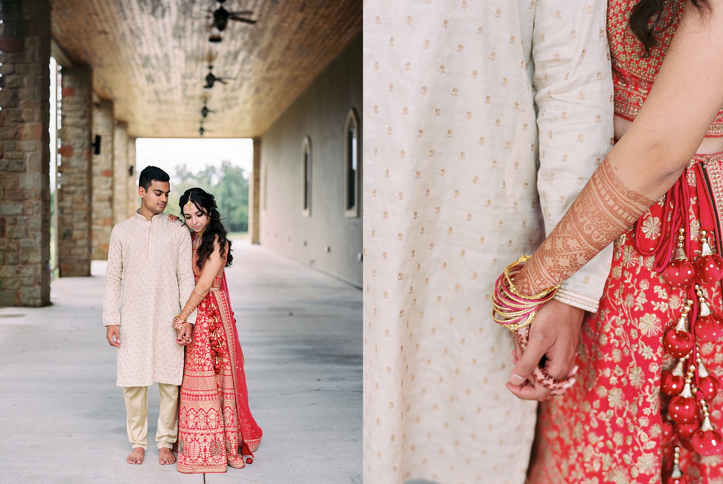 Bride and groom wearing traditional saris and salwar suit